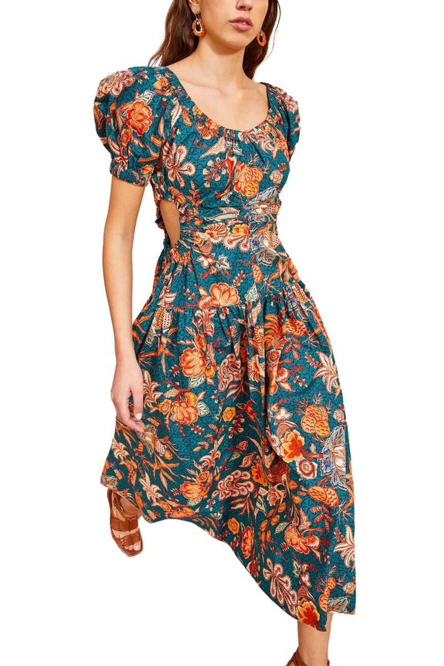 Ulla Johnson Golda Orange Teal Floral Puff Sleeve Cotton Midi Dress Cut Out 2